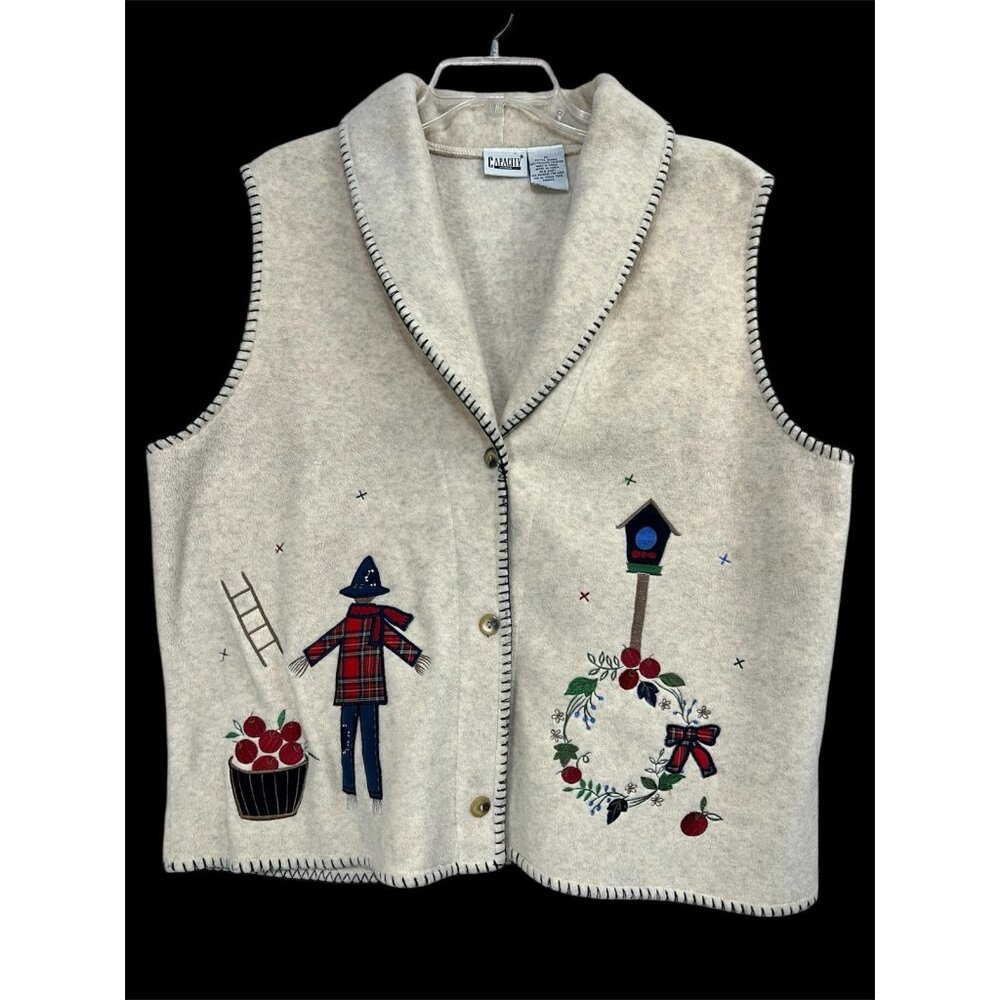 Vtg Capacity Women Fleece Vest 2XL  Applique' Scarecrow‎ Apples Cottagecore Fall